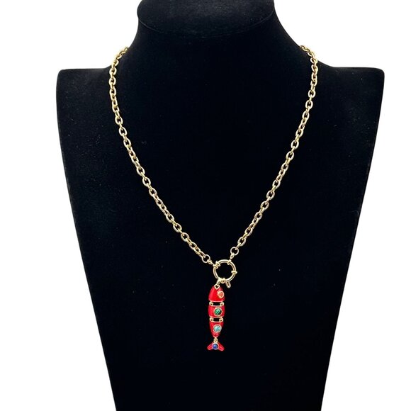 Multi-Gemstone Red Enamel Fish Pendant Necklace 18K Gold Plated Chain 17 Inch - Picture 6 of 9